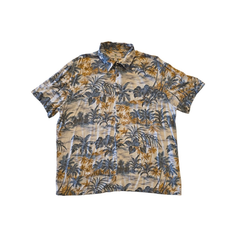 Island Shores Hawaiian Shirt Mens XXL Rayon Blue Tan Aloha Camp Shirt